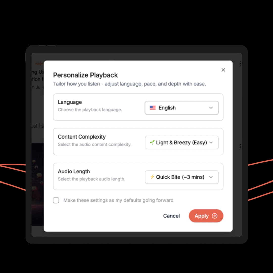 Customize playback with 22+ languages, speed control (0.5-1.5x), length options (3, 6, or 9 mins), and depth levels from Beginner to Advanced.